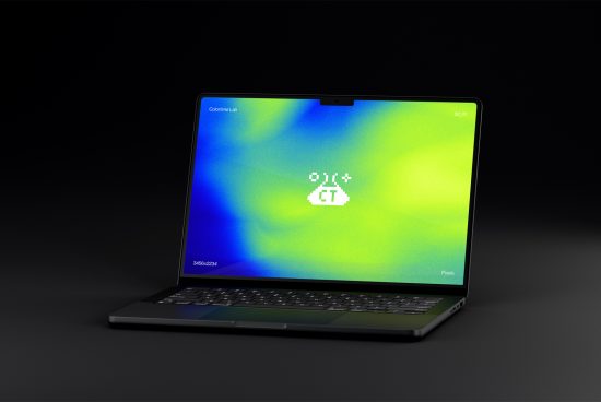 Laptop mockup on dark background featuring colorful screen with pixelated design, ideal for showcasing digital design work, high resolution.